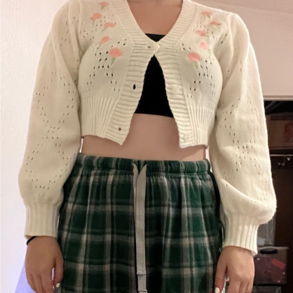 White Puff Sleeve Cropped Cardigan with Flowers Size S